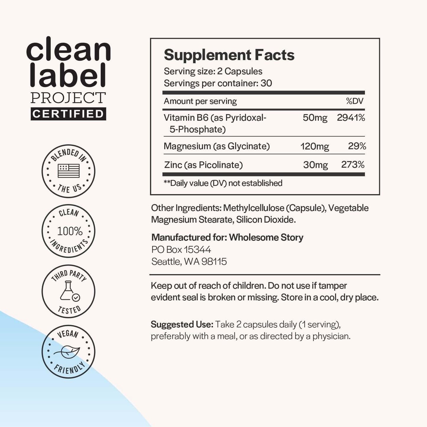 Zinc Picolinate + Magnesium Glycinate + Vitamin B6 by Wholesome Story | 60 Vegetarian Capsules | 30-Day Supply | Support for Immune System, Brain Function, Reproductive Health, Hormonal Balance, PCOS