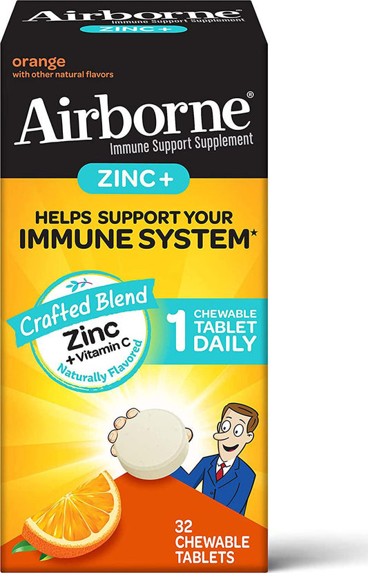 Zinc + Vitamin C - Airborne Orange Chewable Tablets (32 Count In A Box), Immune Support Supplement