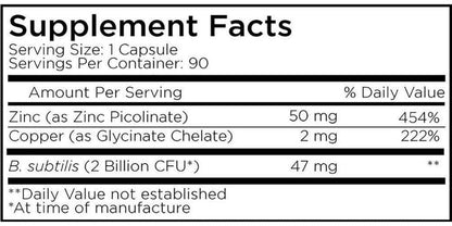 Zinc and Copper Supplement + Probiotics – 3 Months Supply – One Per Day - 50 mg Zinc Picolinate Vitamin Pills - Essential Minerals Supplements – 2 Billion CFUs Probiotic – Vegan, Non-GMO - 90 Capsules