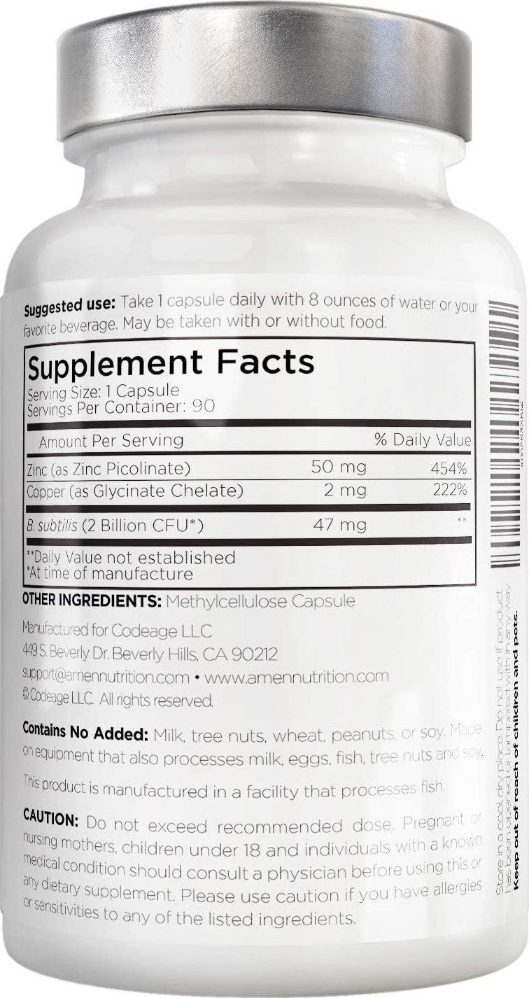 Zinc and Copper Supplement + Probiotics – 3 Months Supply – One Per Day - 50 mg Zinc Picolinate Vitamin Pills - Essential Minerals Supplements – 2 Billion CFUs Probiotic – Vegan, Non-GMO - 90 Capsules