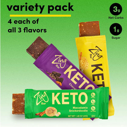 Zing Bars Keto Low Carb Protein Bar | Keto Variety Pack, 12 Count | 3 Amazing Flavors | 7-9g Protein, 3g Net Carbs, 1g Sugar | Vegan, Gluten Free, No Added Sugar | Created by Professional Nutritionists