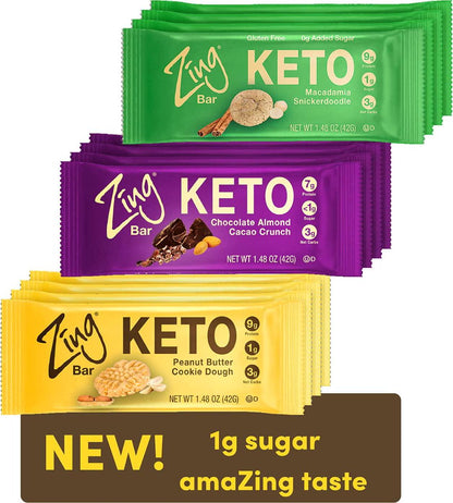 Zing Bars Keto Low Carb Protein Bar | Keto Variety Pack, 12 Count | 3 Amazing Flavors | 7-9g Protein, 3g Net Carbs, 1g Sugar | Vegan, Gluten Free, No Added Sugar | Created by Professional Nutritionists