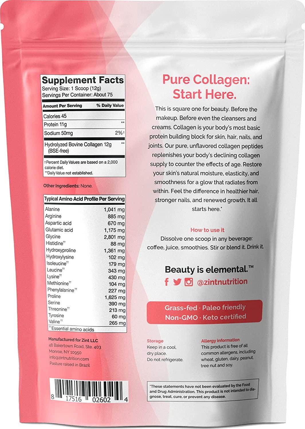 Zint Collagen Peptides Powder (32 oz): Paleo-Friendly, Keto-Certified, Grass-Fed Hydrolyzed Collagen Protein Supplement - Unflavored, Non GMO
