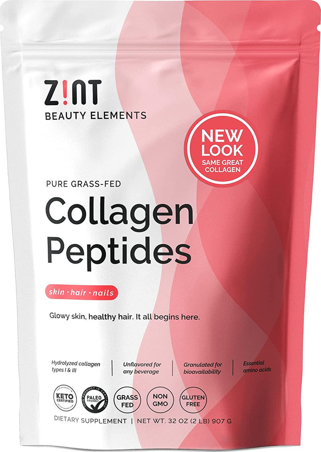 Zint Collagen Peptides Powder (32 oz): Paleo-Friendly, Keto-Certified, Grass-Fed Hydrolyzed Collagen Protein Supplement - Unflavored, Non GMO