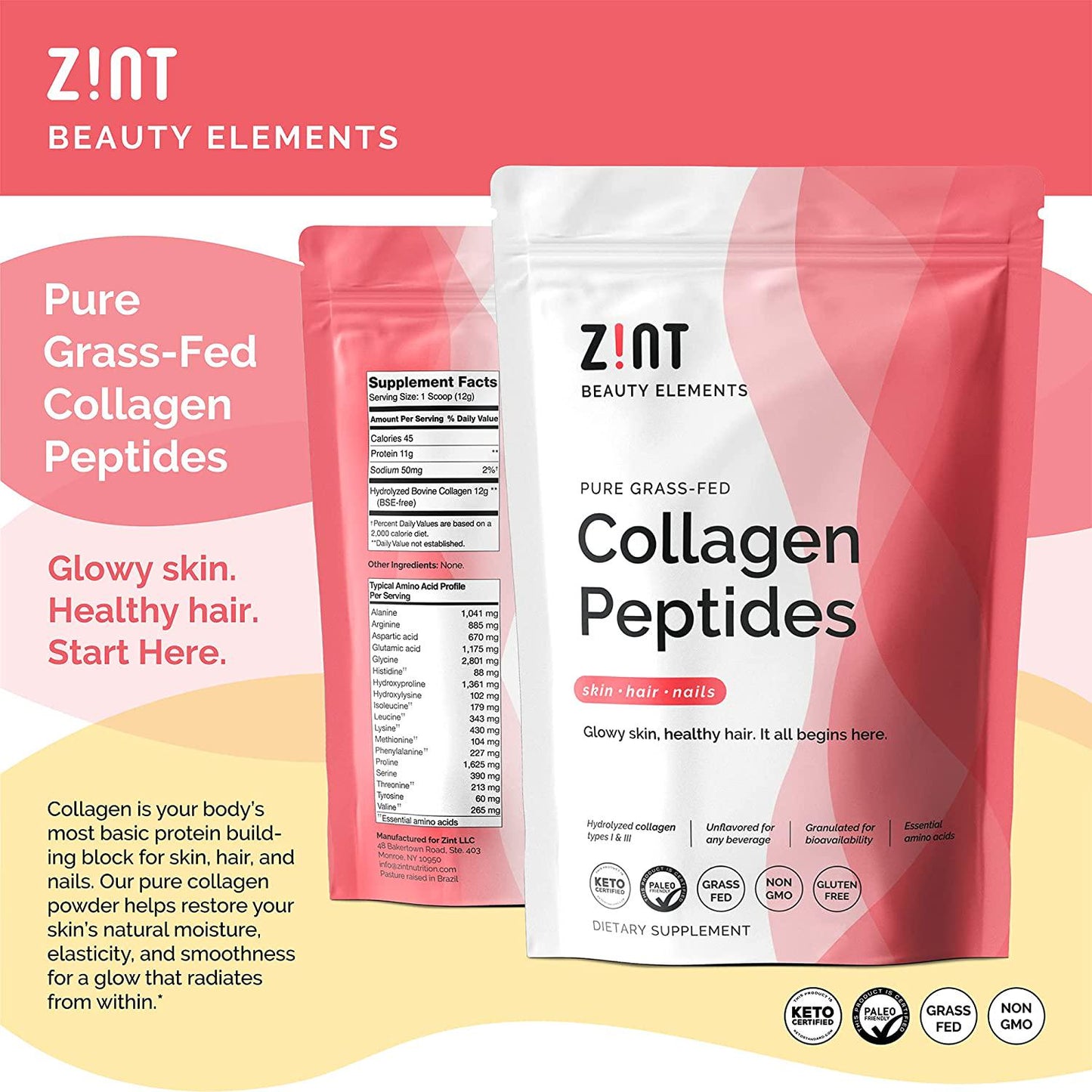 Zint Collagen Peptides Powder (32 oz): Paleo-Friendly, Keto-Certified, Grass-Fed Hydrolyzed Collagen Protein Supplement - Unflavored, Non GMO