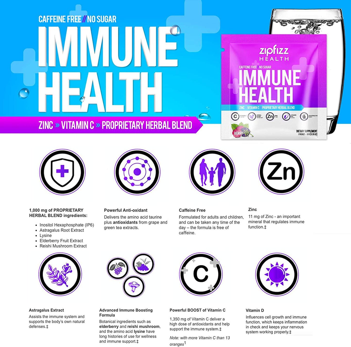 Zipfizz Immune Health Drink Mix, Immune Boost with Zinc and Vitamin C, Caffeine-Free, Berry, 30 Count