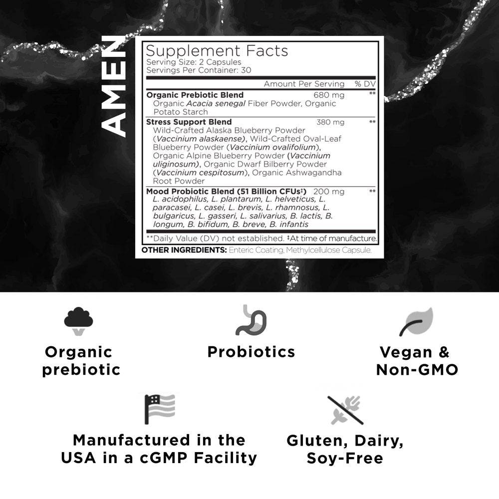 Amen Mood Probiotic +, Organic Prebiotics, 51 Billion Cfus, Ashwagandha, Blueberries, Non-Gmo, 60 Ct