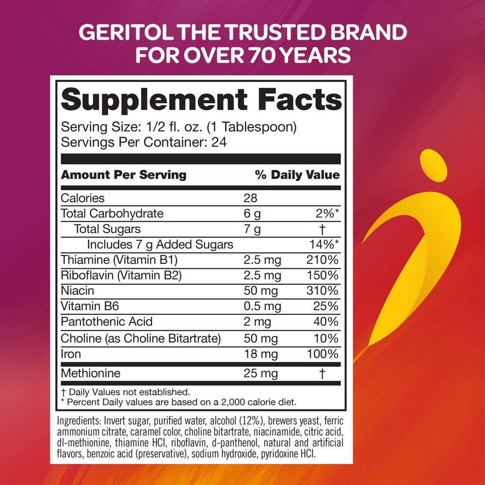 Geritol, Liquid Vitamin and Iron Supplement, Energy Support, Contains High Potency B-Vitamins and Iron, Pleasant Tasting, Easy to Swallow, No Artificial Sweeteners, Non-Gmo, 12 Oz