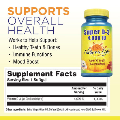 Nature'S Life Super D-3 4000 IU | High Potency Vitamin D Supplement | May Support Healthy Bones, Teeth & Immune System | 100 Softgels