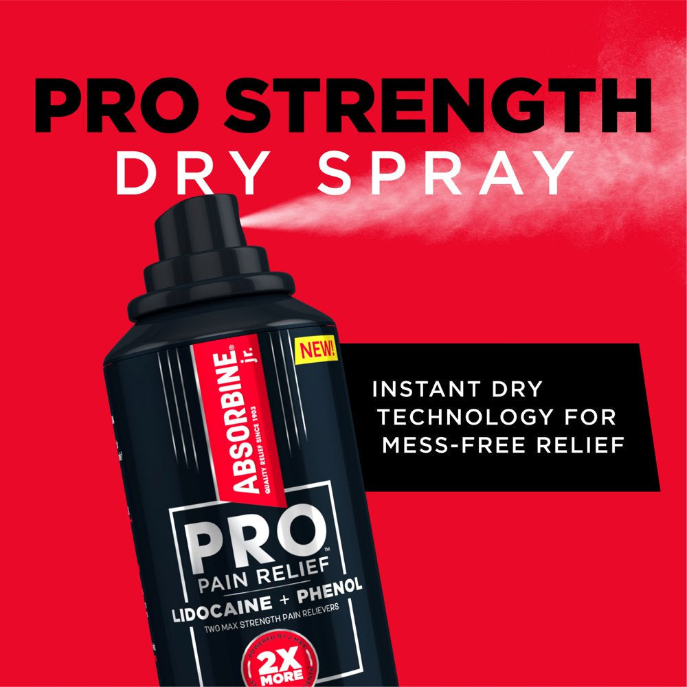 Absorbine Jr. Pro Max Strength Lidocaine Dry Spray, Maximum Strength Numbing Pain Relief, with Phenol for Fast-Acting Relief of Nerve Pain, Muscle Aches, and Joint Discomfort, Non-Greasy Formula, 4Oz