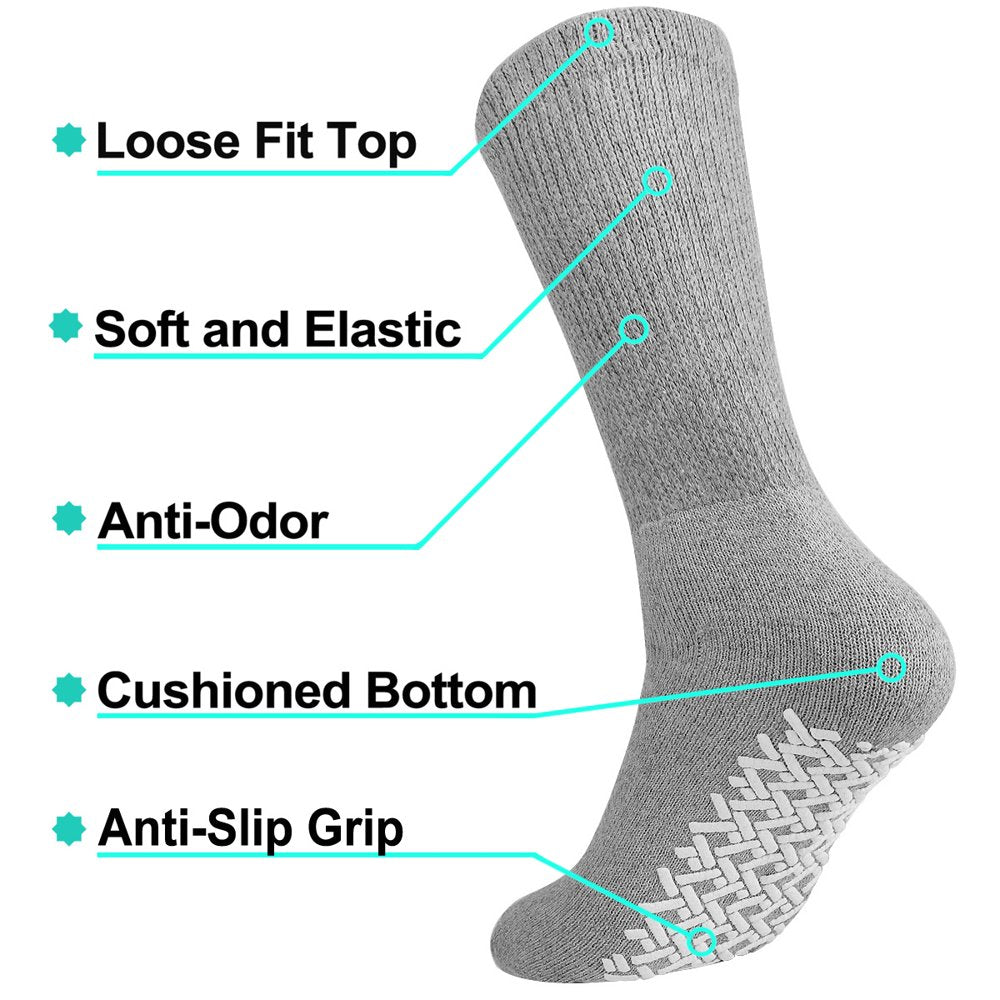 Men Women anti Slip Grip Non Skid Crew Cotton Diabetic Socks for Home Hospital 6-Pack Gray 10-13