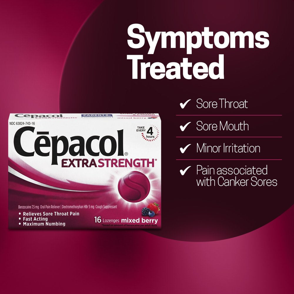 Cepacol Extra Strength Sore Throat & Cough Lozenges, Powerful Symptom Relief, Quiet Cough, Oral Pain Reliever, Mixed Berry Flavor, 16 Lozenges