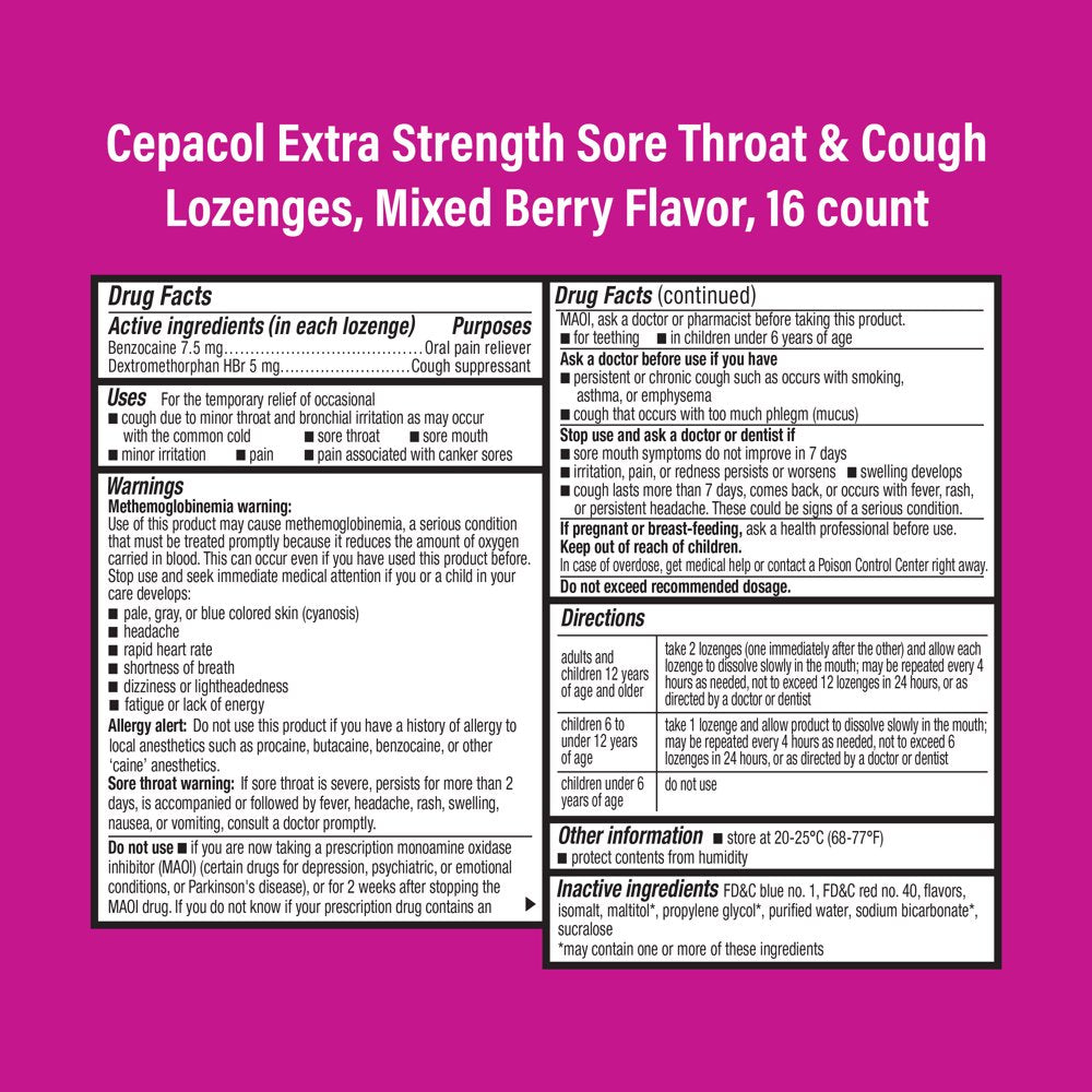 Cepacol Extra Strength Sore Throat & Cough Lozenges, Powerful Symptom Relief, Quiet Cough, Oral Pain Reliever, Mixed Berry Flavor, 16 Lozenges