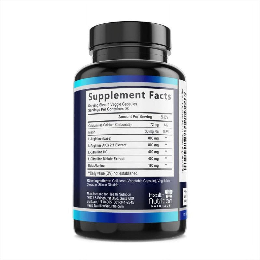 Extra Strength Nitric Oxide Supplement L Arginine 3X Strength - Citrulline Malate, AAKG, Beta Alanine - Premium Muscle Supporting Nitric Booster for Energy & Strength to Train Harder - 120 Capsules