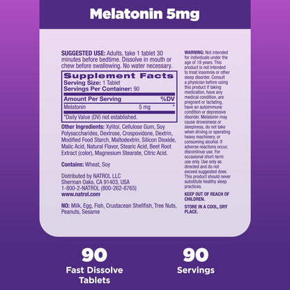 Natrol Melatonin Fast Tablets, Sleep Aid Supplement, Strawberry, 5Mg, 90 Count