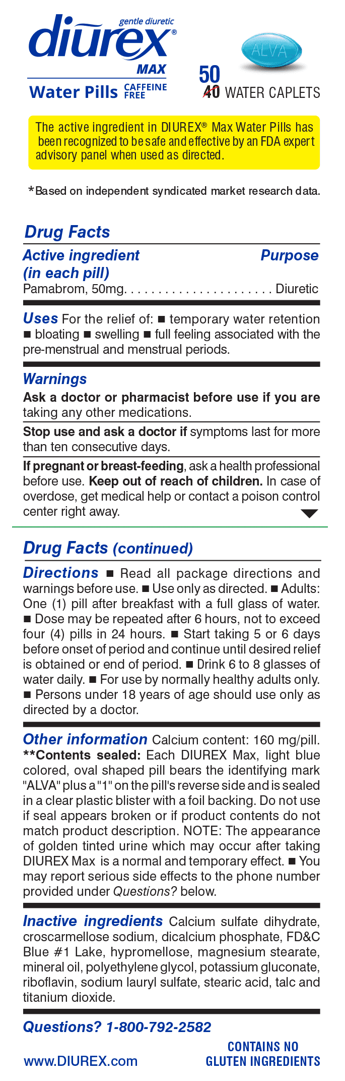 Diurex Caffeine Free Water Pills - Maximum Strength Caffeine Free Diuretic - Relieve Water Bloat, 50 Count