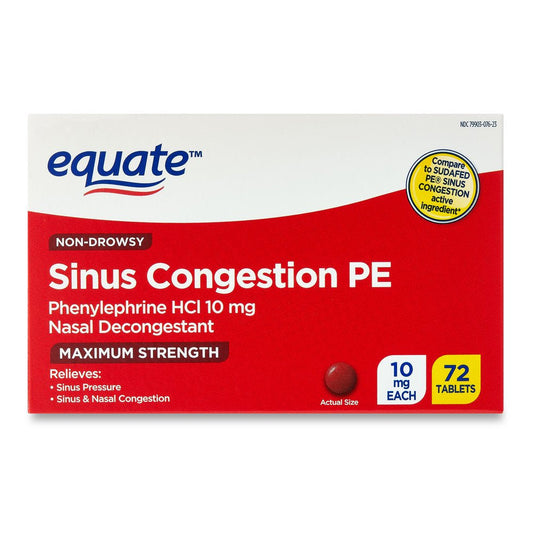 Equate Maximum Strength Non Drowsy Sinus Congestion PE Medicine, 72 Tablets