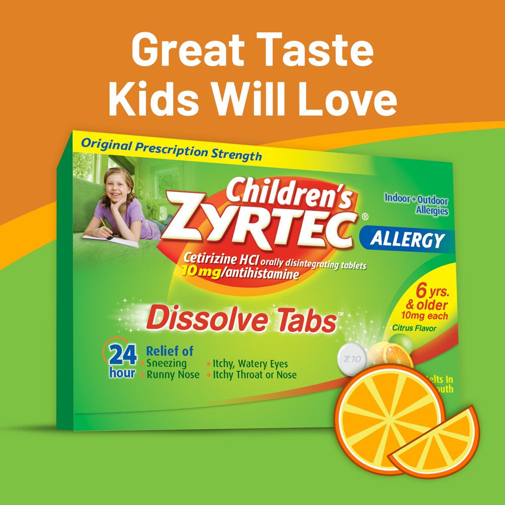 Children'S Zyrtec 24 Hr Allergy Relief Dissolve Tablets, Citrus, 24Ct