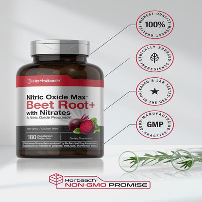 Nitric Oxide Beet Root Capsules | with Nitrates | 180 Count | by Horbaach