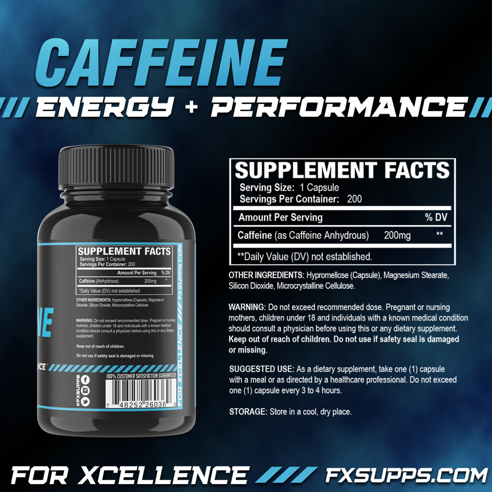 FX Supps Caffeine Pills for Energy, Focus, and Mental Clarity, 200Mg per Serving, 200 Capsules