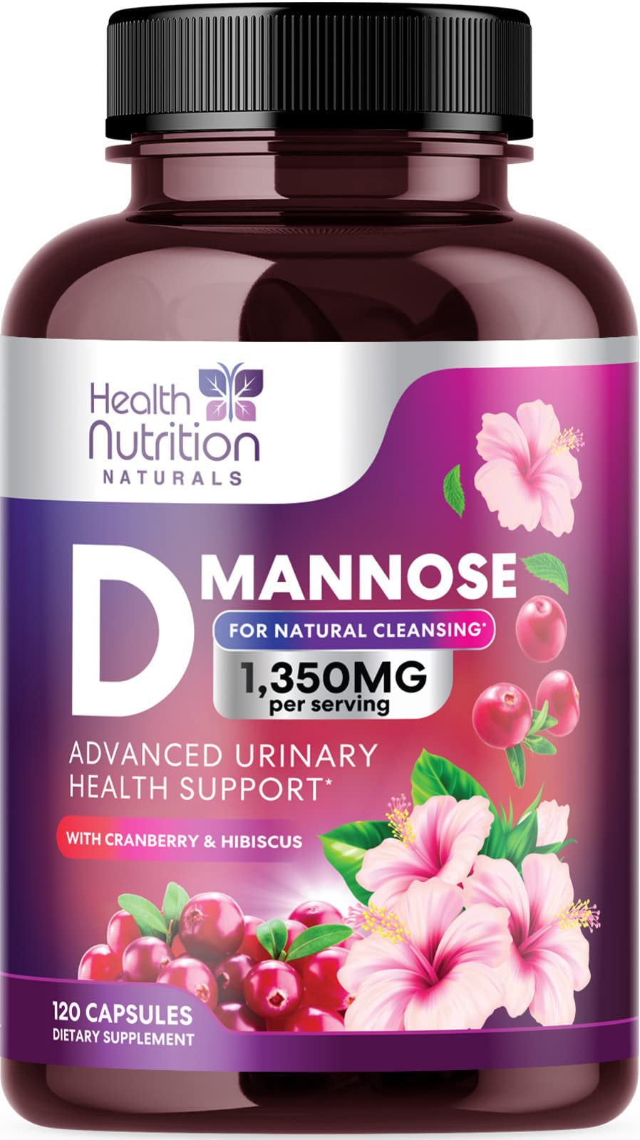 D-Mannose with Cranberry Extract 1350 Mg Complex - Fast-Acting Urinary Tract Health Support, Natural Non-Gmo & Vegan Capsules, Flush Impurities, Extra Strength Dmannose for Women & Men - 120 Capsules