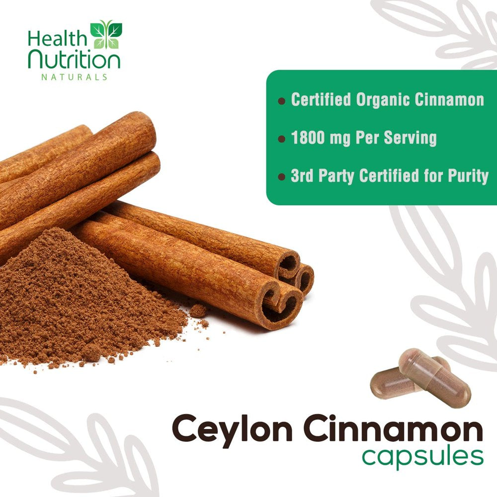 Ceylon Cinnamon Capsules, Certified Organic Ceylon Cinnamon Pills 1800 Mg per Serving, Non-Gmo, Gluten-Free Sri Lanka Pure Cinnamon Pills Supplement, Sugar Free, Vegan - 120 Count Vegetarian Capsules