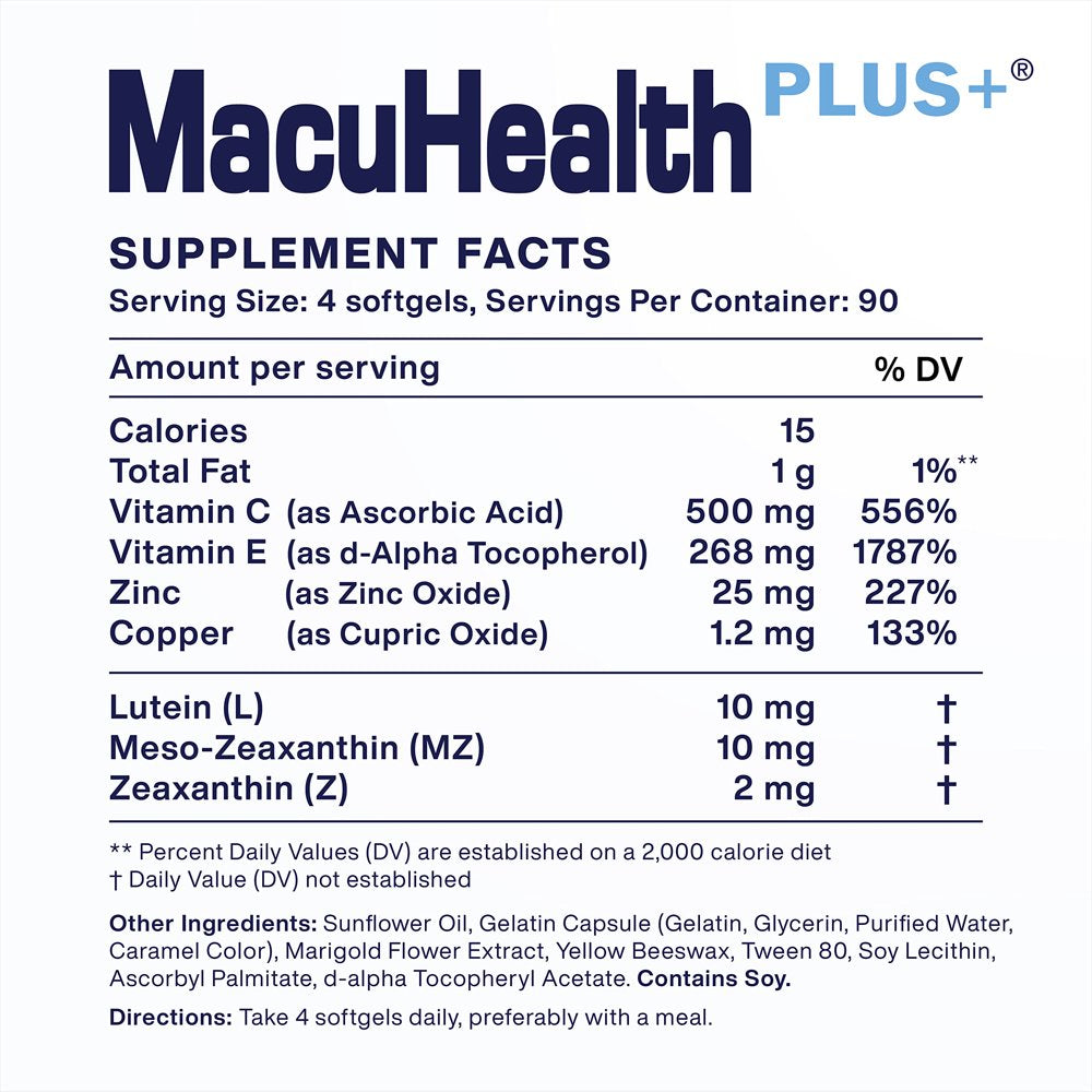 Macuhealth Plus+ Vitamins for Adults - Total Vision Care with AREDS2 Based Formula, Lutein, Zeaxanthin & Meso-Zeaxanthin, Total Vision Care, Vision Vitamins - 90 Days Supply