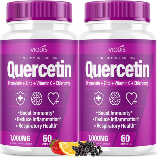 (2 Pack) Quercetin with Bromelain Vitamin C Zinc Elderberry 1000Mg Immune System Booster, Lung Support Supplement for Adults Kids - Immunity Defense (120 Capsules) - Nutricity.com.au