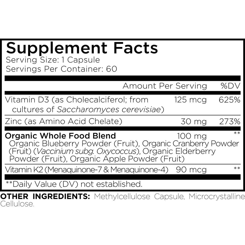 Amen Vitamin D, K2 & Zinc, Cholecalciferol D3 5000 IU, Organic Whole Food Blend, Non-Gmo, 60 Ct