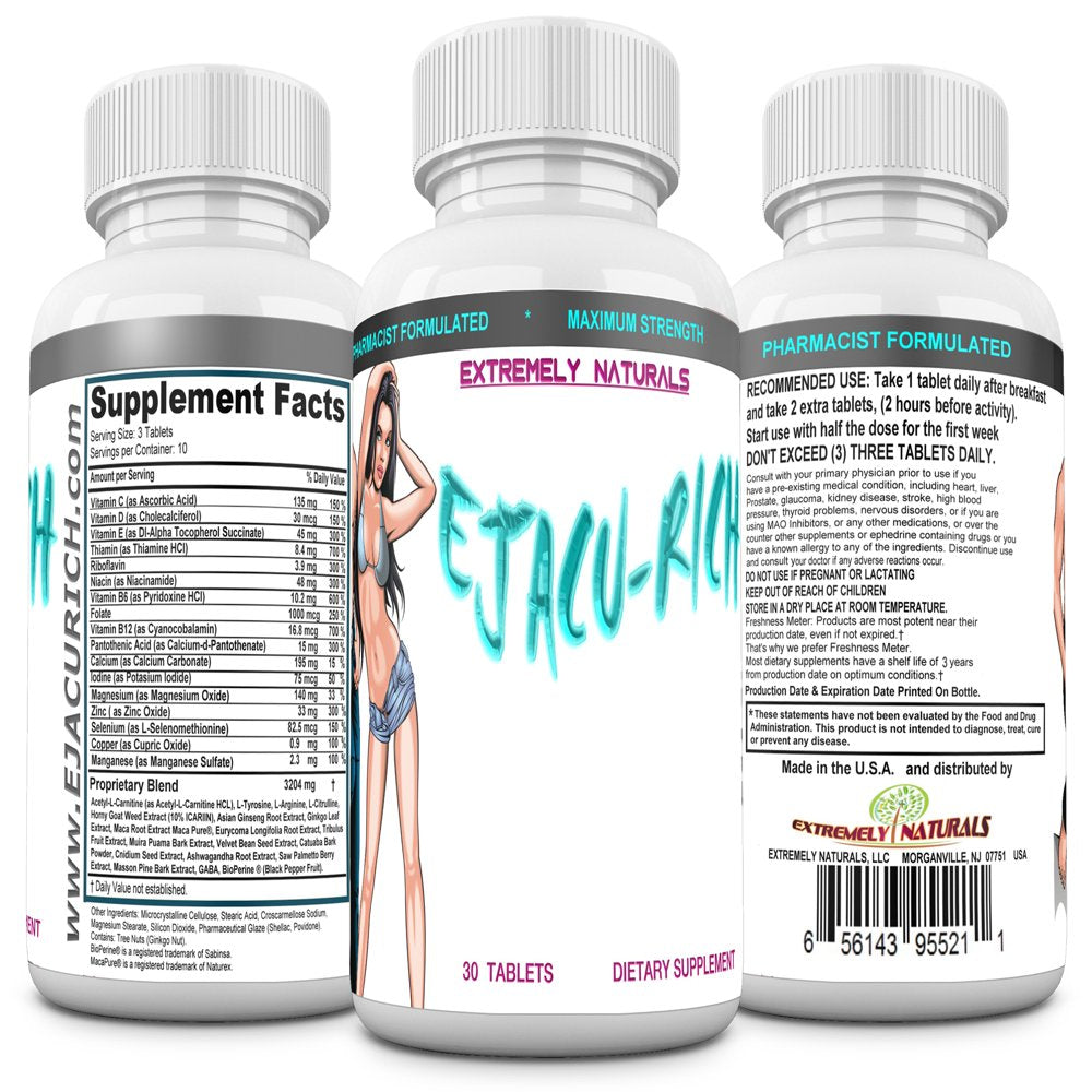 Ejacu-Rich for Males & Females. Testosterone Booster. Load Volumizer. Naturally Increases Energy, Volume & Performance. 30 Pills