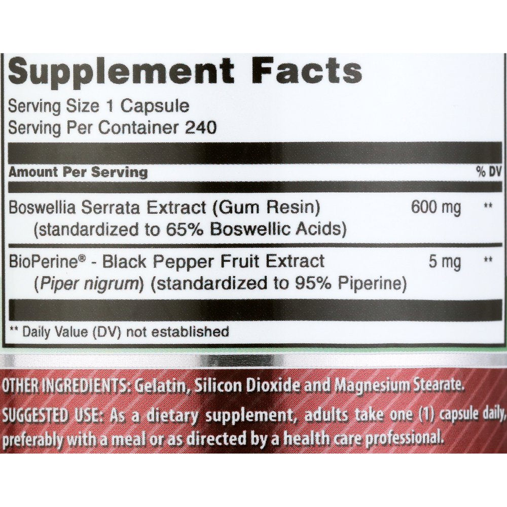 Amazing Formulas Boswellia Extract with Bioperine- 600Mg (Standardized to 65% Boswellic Acids), Capsules - Contains 65% Boswellic Acids, Supports Muscle, Joint & Connective Tissue Health (240 Count)