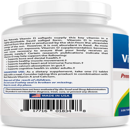 2 Pack Best Naturals Vitamin D3 Supplement 50 Mcg (2,000 IU) 100 Tablets | Support Immune Health, Strong Bones and Teeth, & Muscle Function