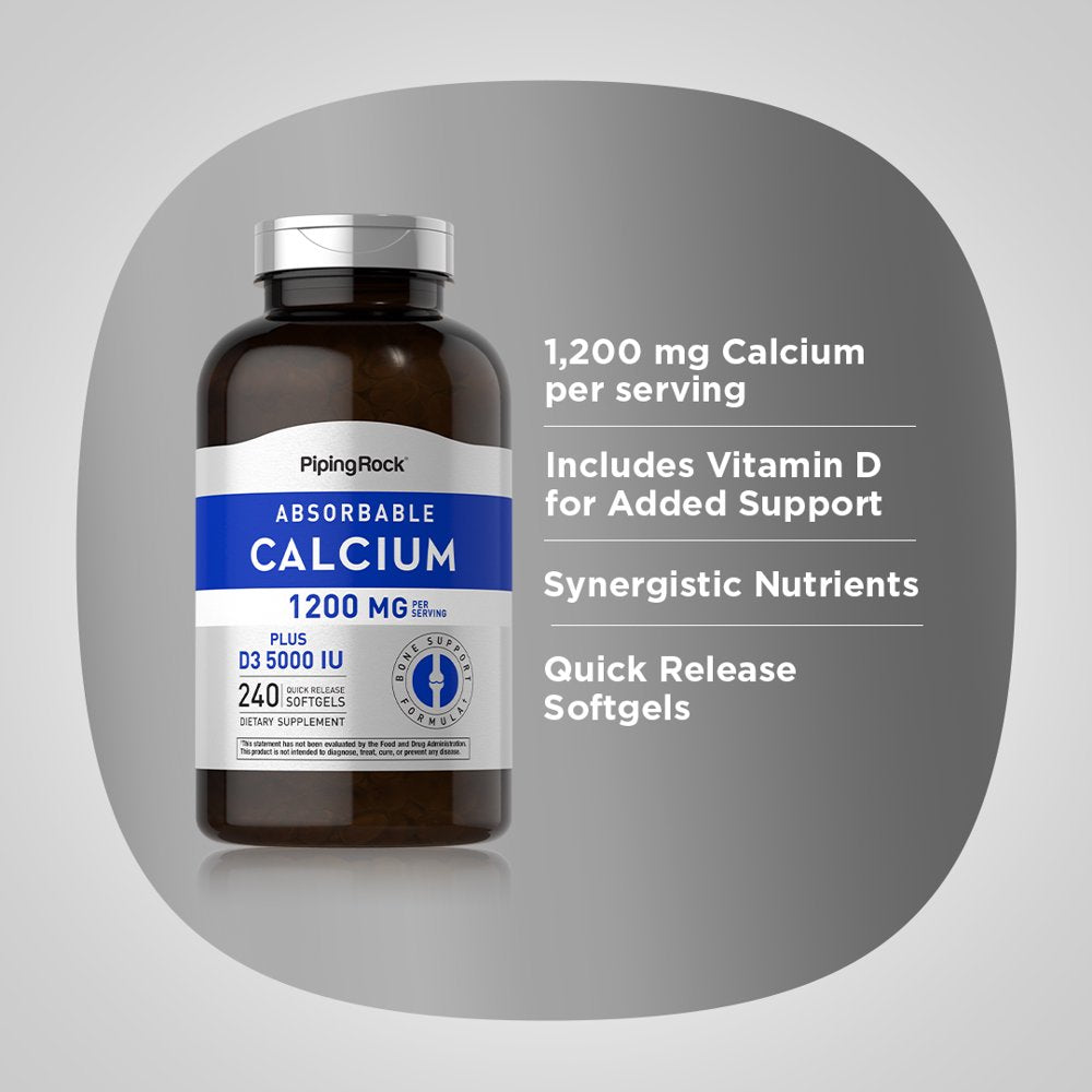 Calcium 1200 Mg with Vitamin D3 | 240 Softgels | Absorbable Calcium Supplement | Bone Support Formula | by Piping Rock
