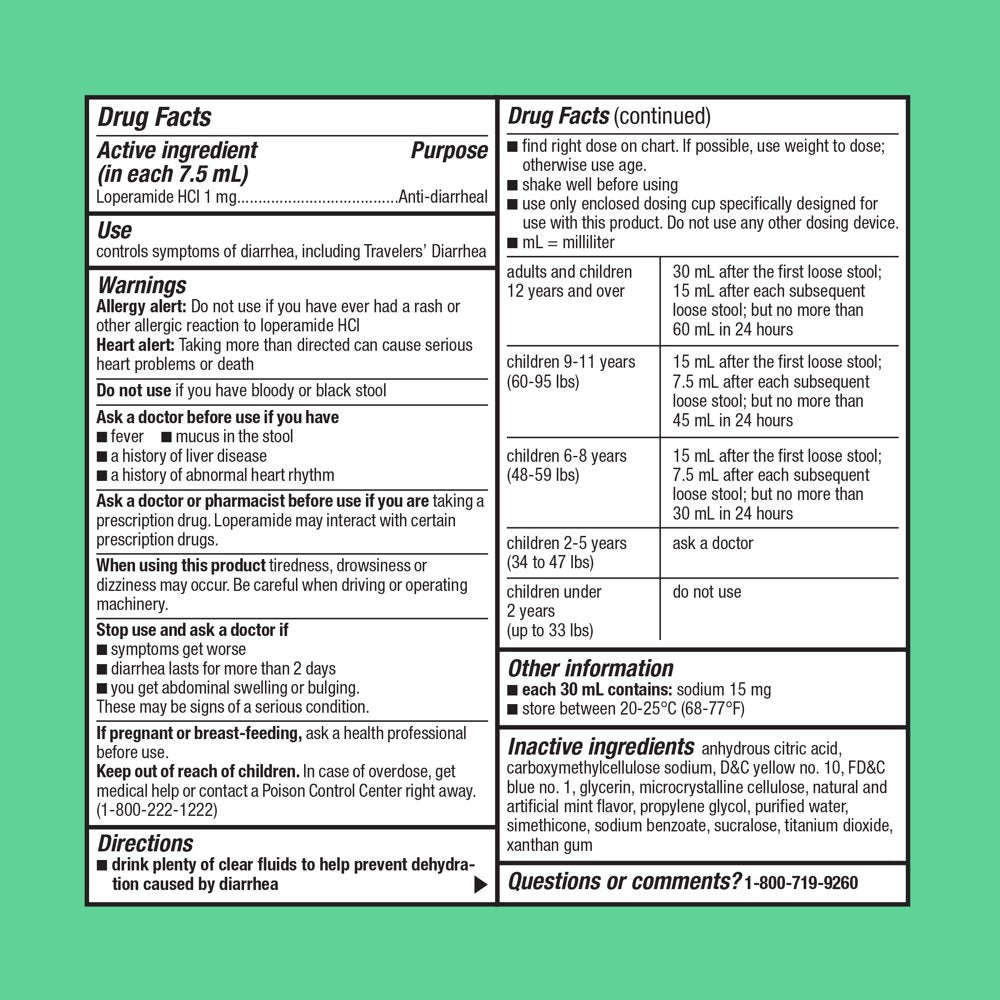 Equate Liquid Loperamide Hydrochloride Oral Anti-Diarrheal, Mint Flavor, 8 Oz.
