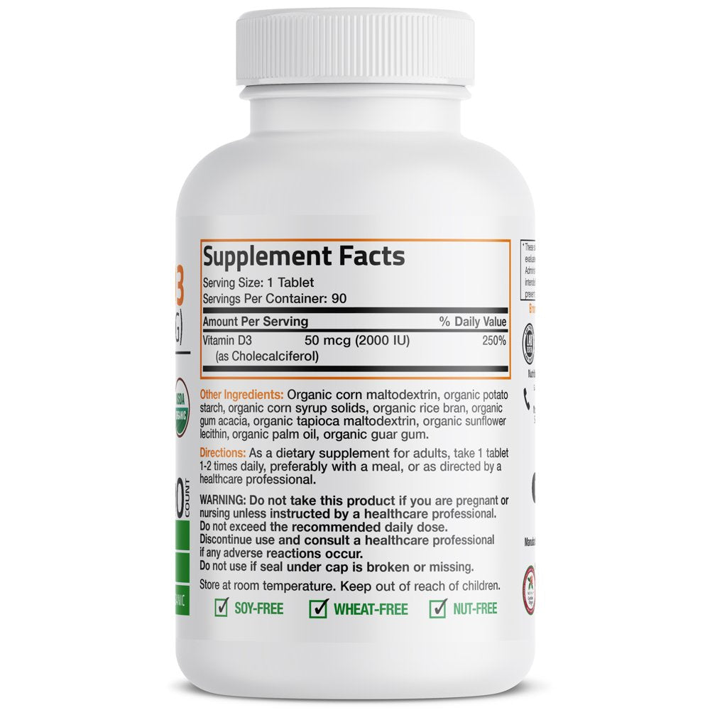 Bronson Vitamin D3 2000 IU Bone Health and Immune Support, USDA Certified Organic, Non-Gmo Gluten Free, 90 Tablets