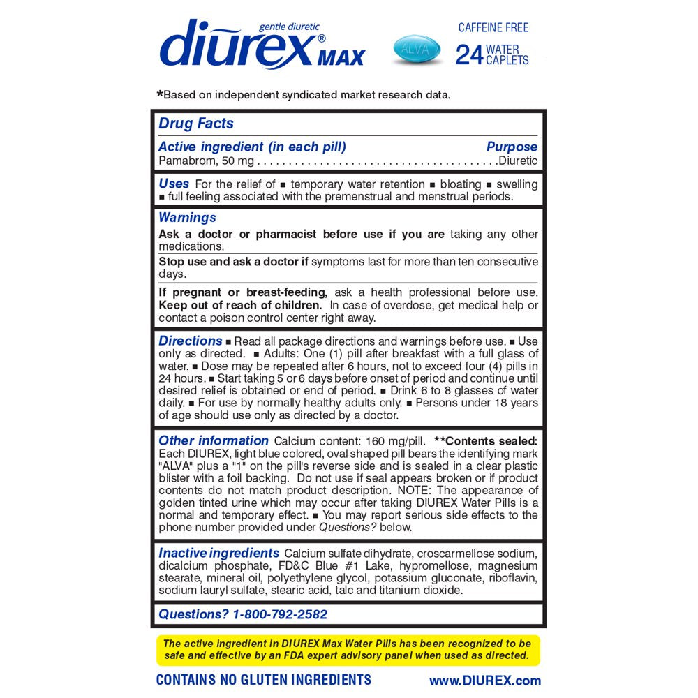 Diurex Max Water Pills - Maximum Strength Caffeine Free Diuretic - Relieve Water Bloat, 24 Count
