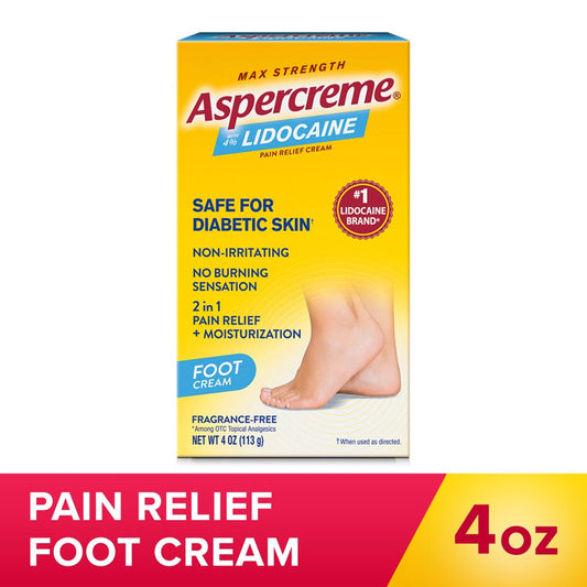 Aspercreme Maximum Strength Numbing Pain Relief Cream with Lidocaine for Foot Pain- Diabetic Skin 4Oz