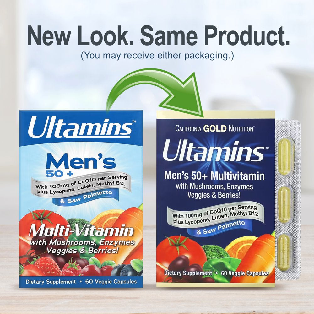 California Gold Nutrition Ultamins Men'S 50+ Multivitamin with Coq10, Mushrooms, Enzymes, Veggies & Berries, 60 Veggie Capsules