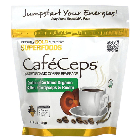 California Gold Nutrition Cafeceps, Certified Organic Instant Coffee with Cordyceps and Reishi Mushroom Powder, 3.5 Oz (100 G)
