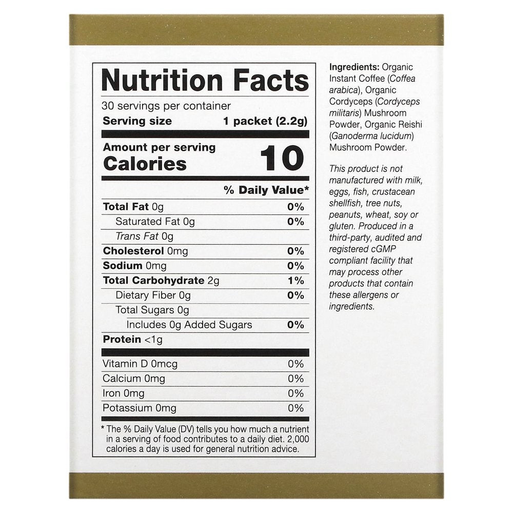 California Gold Nutrition Cafeceps, Certified Organic Instant Coffee with Cordyceps and Reishi Mushroom Powder, 30 Packets, 0.08 Oz (2.2 G) Each