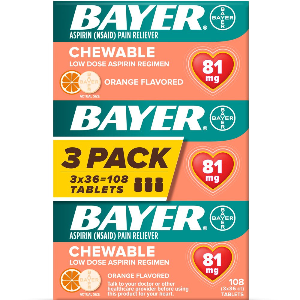 Bayer Chewable Aspirin Regimen Low Dose Pain Reliever Tablets, 81Mg, Orange, 108 Count