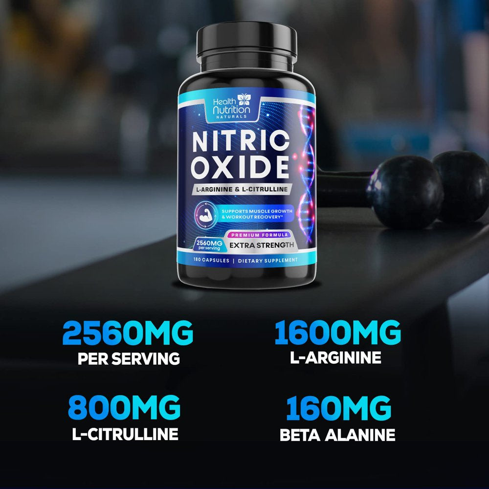Extra Strength Nitric Oxide Supplement L Arginine 3X Strength - Citrulline Malate, AAKG, Beta Alanine - Premium Muscle Supporting Nitric Booster for Energy & Strength to Train Harder - 180 Capsules