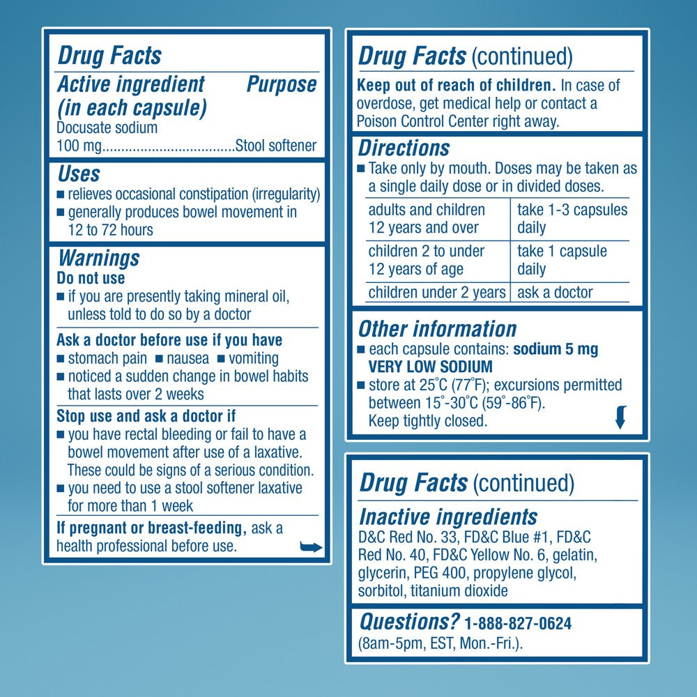 Colace® Regular Strength Stool Softener for Constipation Relief, 100Mg Capsules, 30 Ct