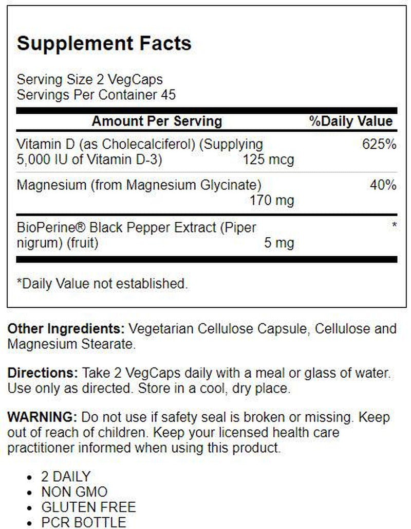 KAL Vitamin D3 & Magnesium Glycinate, Enhanced Absorption Formula with Bioperine, Muscle & Bone Health Support, Immune Support & More, Non-Gmo, Gluten Free, 45 Servings, 90 Vegcaps