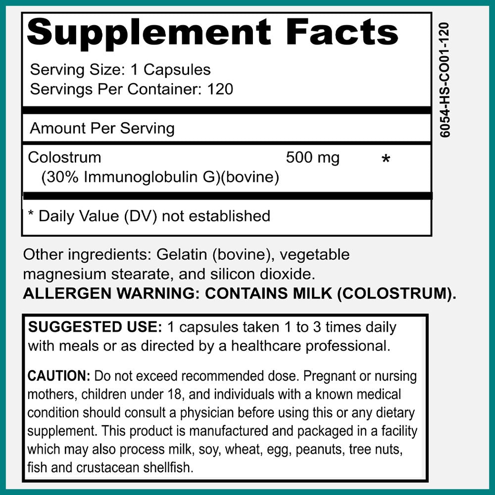 Bovine Colostrum Supplement 500Mg - 30% Igg Immunoglobulin, Immune Support, Bone, Muscle & Gut Health - First Milking, Low Heat Processed - 120 Capsules