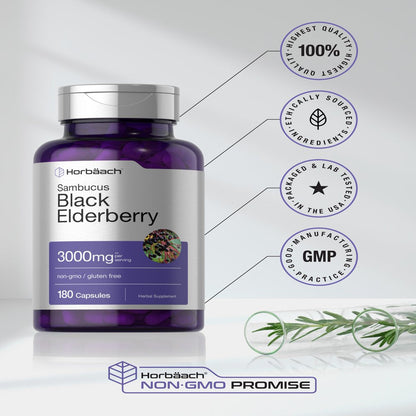 Black Elderberry Capsules 3000Mg | 180 Pills | by Horbaach