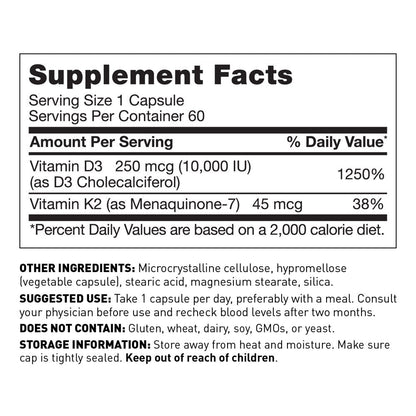 Amy Myers MD Vitamin D3 K2 10000 IU - Vitamin K2 MK-7 45 Mcg - Supports Immune Function, Energy Levels & Positive Mood - for Calcium Absorption, Bone & Heart Health - Non-Gmo 60 Caps - 2 Month Supply