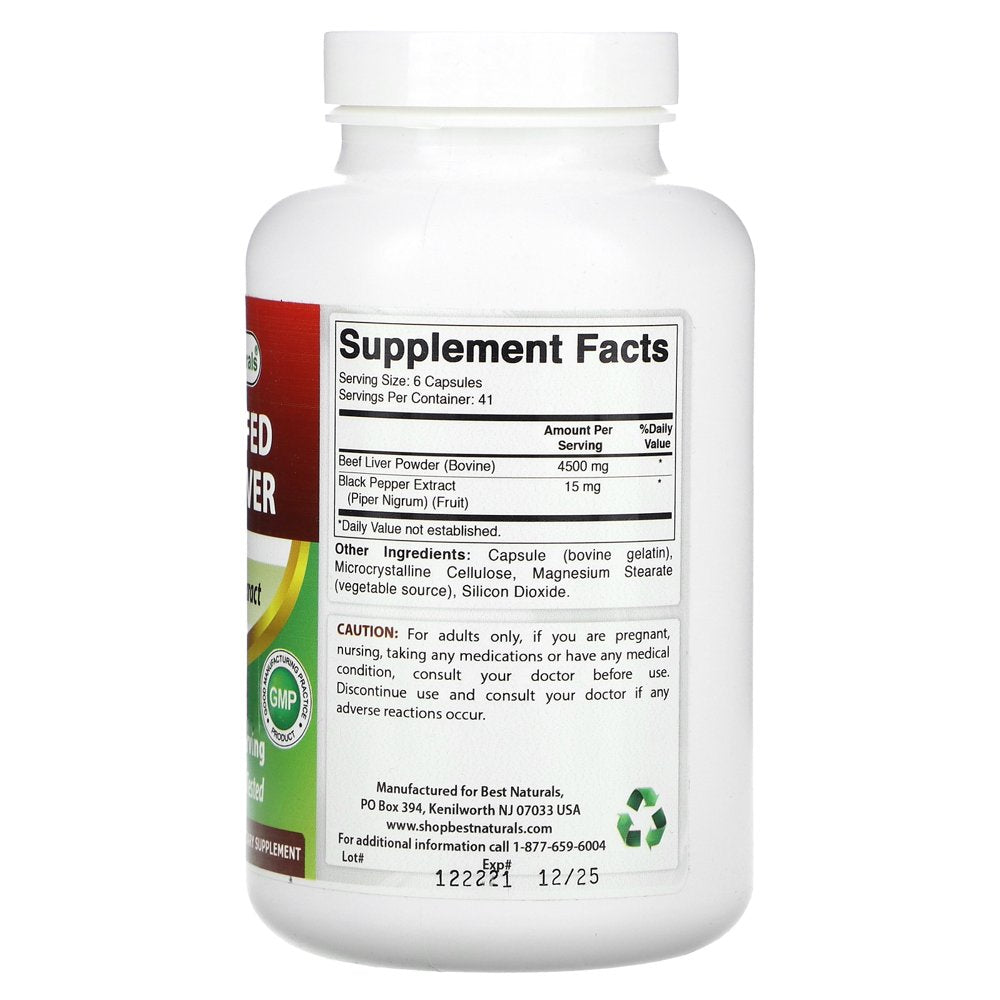 Best Naturals Grassfed Beef Liver, 4,500 Mg, 250 Capsules (750 Mg per Capsule)