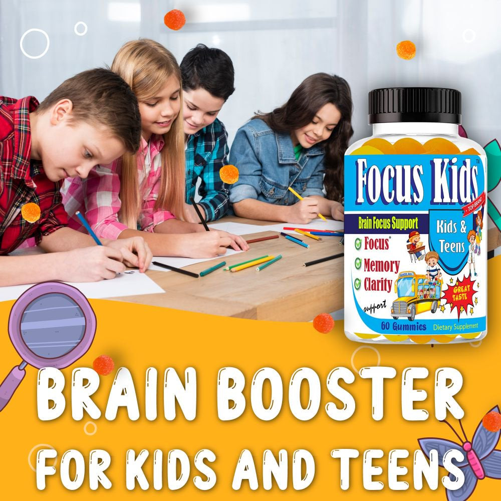 Focus Kids Kids Brain Booster Supplements Brain Focus Gummies Omega 3 for Kids Attention & Focus, Brain Booster, Memory & Concentration- 60Ct