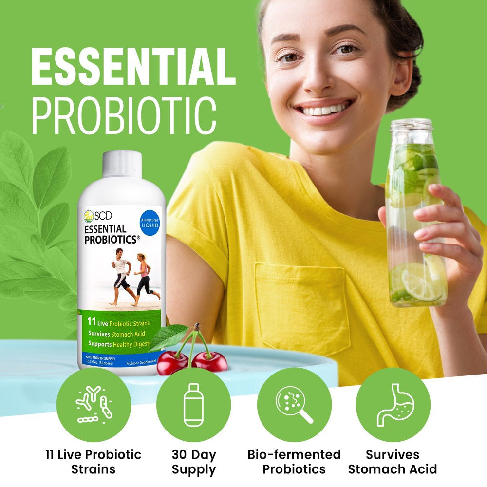 SCD Essential Probiotics - Liquid Probiotic Supplement for Women, Men & Kids with 11 Live Strains, Relieves Occasional Diarrhea, Constipation, Gas & Bloating - 16.3 Fl Oz